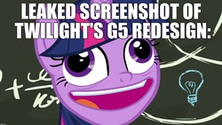 Size: 1920x1080 | Tagged: safe, editor:useraccount, twilight sparkle, alicorn, pony, best gift ever, g4, chalkboard, faic, fake, female, funny, funny face, g5 concept leaks, image macro, joke, meme, pudding face, solo, text, twilight sparkle (alicorn)