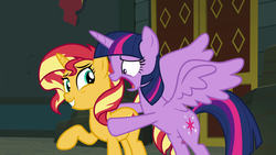 Size: 1920x1080 | Tagged: safe, screencap, sunset shimmer, twilight sparkle, alicorn, pony, unicorn, equestria girls, equestria girls series, forgotten friendship, bipedal, don't take this away from me, duo, open mouth, twilight sparkle (alicorn)