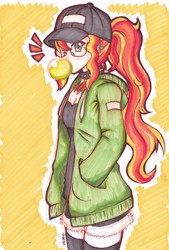 Size: 2286x3378 | Tagged: safe, artist:deeemperor, sunset shimmer, human, equestria girls, g4, bubblegum, choker, clothes, collar, female, food, glasses, gum, hat, high res, hoodie, humanized, meganekko, pants, socks, solo, sunspecs shimmer, thigh highs, thigh socks