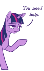 Size: 698x1108 | Tagged: safe, anonymous artist, edit, twilight sparkle, pony, g4, dialogue, female, lidded eyes, mare, open mouth, pointing, raised hoof, simple background, solo, twilight sparkle is not amused, unamused, white background