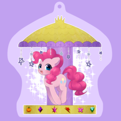 Size: 878x878 | Tagged: safe, artist:ayahana, pinkie pie, earth pony, pony, g4, carousel, female, looking at you, mare, merry-go-round, open mouth, smiling, solo