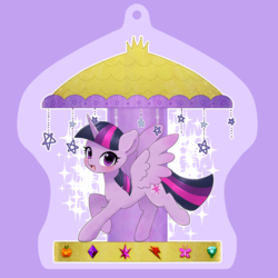 Size: 878x878 | Tagged: safe, artist:ayahana, twilight sparkle, alicorn, pony, g4, carousel, female, looking at you, mare, merry-go-round, open mouth, solo, spread wings, twilight sparkle (alicorn), wings
