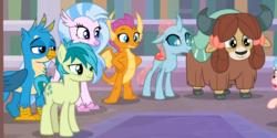Size: 861x430 | Tagged: safe, screencap, cozy glow, gallus, ocellus, sandbar, silverstream, smolder, yona, changedling, changeling, classical hippogriff, dragon, griffon, hippogriff, pony, yak, g4, what lies beneath, bags under eyes, claws, cloven hooves, dragoness, female, offscreen character, student six, toes