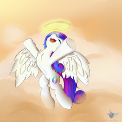 Size: 1500x1500 | Tagged: safe, artist:lunar froxy, oc, oc only, oc:spectral bolt, pegasus, pony, belly button, cloud, female, freckles, halo, mare, patreon, patreon reward, smiling