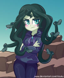 Size: 800x978 | Tagged: safe, artist:riouku, oc, oc only, oc:medusa, gorgon, snake, equestria girls, g4, blushing, clothes, commission, crossed arms, equestria girls-ified, female, hoodie, medusa, pants, solo
