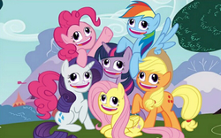 Size: 864x540 | Tagged: safe, edit, applejack, fluttershy, pinkie pie, rainbow dash, rarity, twilight sparkle, g4, my little pony best gift ever, face swap, faic, mane six, mane six opening poses, pudding face