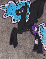 Size: 1024x1303 | Tagged: safe, artist:aracage, nightmare moon, alicorn, pony, g4, black background, female, lidded eyes, looking at you, mare, raised hoof, simple background, solo, traditional art, unamused
