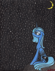 Size: 1024x1323 | Tagged: safe, artist:aracage, princess luna, alicorn, pony, g4, female, floppy ears, looking up, mare, moon, s1 luna, sitting, solo, space, stars, traditional art
