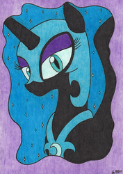 Size: 2473x3495 | Tagged: safe, artist:aracage, nightmare moon, alicorn, pony, g4, abstract background, armor, bust, female, helmet, high res, lidded eyes, looking at you, mare, solo, traditional art, unamused