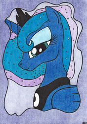 Size: 2456x3496 | Tagged: safe, artist:aracage, princess luna, alicorn, pony, g4, abstract background, bust, female, high res, lidded eyes, looking at you, mare, peytral, regalia, smiling, solo, traditional art