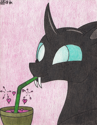 Size: 1024x1310 | Tagged: safe, artist:aracage, thorax, changeling, g4, changeling feeding, drink, fangs, happy, heart, love, male, pink background, simple background, smiling, solo, straw, traditional art
