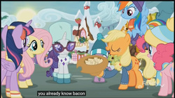 Size: 1366x768 | Tagged: safe, edit, edited screencap, screencap, applejack, fluttershy, pinkie pie, rainbow dash, rarity, spike, twilight sparkle, alicorn, earth pony, pegasus, pony, unicorn, g4, my little pony best gift ever, applejack's hat, bacon, caption, clothes, cowboy hat, discovery family, discovery family logo, earmuffs, female, fluttershy's purple sweater, flying, food, glasses, hat, logo, mare, meat, meme, scarf, snow, sweater, sweatershy, twilight sparkle (alicorn), winter outfit, youtube caption