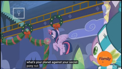 Size: 1366x768 | Tagged: safe, edit, edited screencap, screencap, spike, twilight sparkle, alicorn, pony, g4, my little pony best gift ever, caption, clothes, decoration, meme, scarf, striped scarf, twilight sparkle (alicorn), twilight's castle, winter outfit, youtube caption