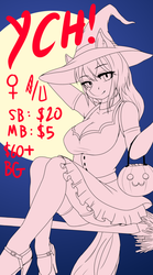 Size: 1297x2328 | Tagged: safe, artist:monanniverse, anthro, advertisement, auction, breasts, broom, clothes, commission, cosplay, costume, female, flying, flying broomstick, full moon, halloween, halloween costume, high heels, holiday, moon, pumpkin bucket, shoes, solo, witch, your character here