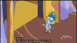 Size: 1366x768 | Tagged: safe, edit, edited screencap, screencap, spike, g4, my little pony best gift ever, my little pony: friendship is magic, caption, clothes, meme, scarf, slave, slavery, striped scarf, twilight's castle, winter outfit, youtube caption