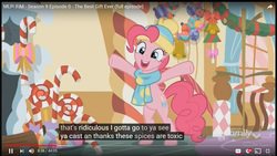 Size: 1366x768 | Tagged: safe, edit, edited screencap, screencap, pinkie pie, g4, my little pony best gift ever, candy, candy cane, caption, food, meme, sugarcube corner, youtube caption