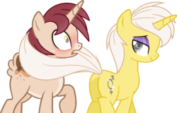 Size: 1157x740 | Tagged: safe, artist:traveleraoi, oc, oc only, oc:pepper dust, oc:sunset skies, deer, deer pony, original species, pony, unicorn, unideer, base used, bedroom eyes, blushing, blushing profusely, butt, couple, eyeshadow, femboy, gay, looking back, makeup, male, markings, no eyelashes, oc x oc, plot, seduction, seductive, seductive look, shipping, simple background, smiling, speechless, stallion, stallion on stallion, tail, tail seduce, this will end in snu snu, transparent background