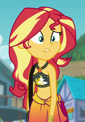 Size: 660x950 | Tagged: safe, screencap, sunset shimmer, equestria girls, equestria girls series, forgotten friendship, g4, belly button, bikini, bikini top, clothes, cropped, female, midriff, sarong, solo, swimsuit