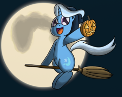 Size: 3000x2400 | Tagged: safe, artist:saburodaimando, trixie, pony, g4, belly button, broom, female, flying, flying broomstick, halloween, hat, high res, holiday, jack-o-lantern, moon, nightmare night, pumpkin, solo, witch, witch hat