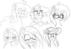 Size: 1031x712 | Tagged: dead source, safe, artist:reiduran, grace manewitz, oc, oc:corona flare, oc:ostria chime, earth pony, pegasus, pony, unicorn, g4, ear fluff, female, glasses, gritted teeth, lidded eyes, looking at you, mare, monochrome, open mouth, shrunken pupils, sketch, sketch dump, smiling