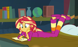 Size: 905x550 | Tagged: safe, screencap, sunset shimmer, equestria girls, equestria girls specials, g4, my little pony equestria girls: better together, my little pony equestria girls: forgotten friendship, bed, book, clothes, cropped, female, journal, pajamas, solo, sunset's apartment