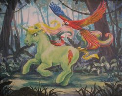 Size: 900x706 | Tagged: safe, artist:sunset80, mimic (g1), bird, macaw, parrot, pony, scarlet macaw, twinkle eyed pony, unicorn, g1, acrylic painting, bow, female, jungle, mare, spread wings, tail bow, traditional art, wings