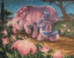 Size: 900x708 | Tagged: safe, artist:sunset80, lily lightly, pony, unicorn, g3, acrylic painting, female, flower, night, solo, traditional art