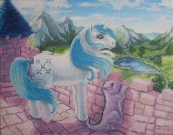 Size: 1024x798 | Tagged: safe, artist:sunset80, majesty, spike (g1), dragon, pony, unicorn, g1, acrylic painting, baby, baby dragon, bow, castle, female, mountain, tail bow, traditional art