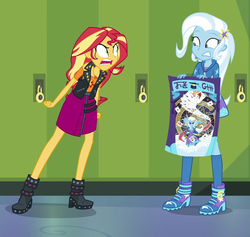 Size: 950x900 | Tagged: safe, screencap, sunset shimmer, trixie, equestria girls, equestria girls specials, g4, my little pony equestria girls: better together, my little pony equestria girls: forgotten friendship, angry, cropped, duo, geode of empathy, magical geodes, poster, shrunken pupils