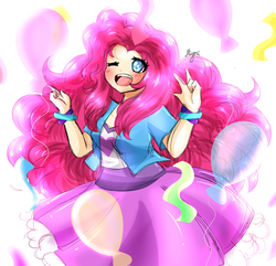 Size: 2700x2600 | Tagged: safe, artist:kawurin, pinkie pie, human, g4, anime, balloon, blushing, clothes, cute, diapinkes, equestria girls outfit, female, high res, humanized, one eye closed, solo, wink