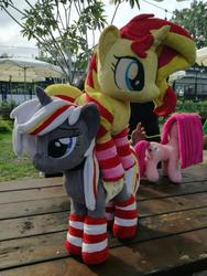 Size: 507x676 | Tagged: safe, artist:epicrainbowcrafts, pinkie pie, sunset shimmer, oc, oc:velvet remedy, earth pony, pony, unicorn, fallout equestria, g4, clothes, cute, cutie mark, fanfic, fanfic art, female, fluttershy medical saddlebag, grass, hooves, horn, irl, mare, medical saddlebag, photo, pinkamena diane pie, saddle bag, socks, striped socks, table