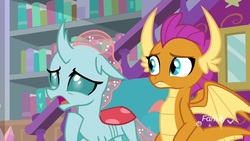 Size: 1920x1080 | Tagged: safe, screencap, ocellus, smolder, changedling, changeling, dragon, g4, school raze, book, bookshelf, dragoness, duo, female, hoof on chest, mirror, open mouth, stairs, worried