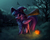 Size: 2000x1600 | Tagged: safe, artist:lollipony, twilight sparkle, alicorn, bird, crow, pony, g4, :3, broom, clothes, costume, cute, dark, dress, featured image, female, fence, fog, forest, halloween, halloween costume, hat, holiday, horn, jack-o-lantern, looking at you, mare, mouth hold, night, nightmare night, nightmare night costume, nom, pose, pumpkin, raised hoof, raised leg, robes, scenery, silhouette, smiling, solo, spoopy, standing, tree, twiabetes, twilight sparkle (alicorn), wing fluff, wings, witch, witch hat