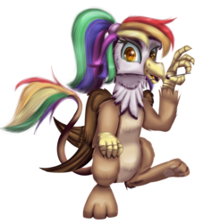 Size: 1080x1190 | Tagged: safe, artist:sintakhra, oc, oc only, oc:rainbow feather, griffon, dango, eating, food, interspecies offspring, magical lesbian spawn, offspring, parent:gilda, parent:rainbow dash, parents:gildash, simple background, solo, transparent background