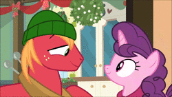 Size: 1920x1080 | Tagged: safe, screencap, big macintosh, marble pie, sugar belle, earth pony, pony, unicorn, g4, my little pony best gift ever, animated, cringing, female, forehead kiss, heartbreak, heartbroken marble, horse collar, kissing, male, mare, mistletoe, ship:sugarmac, shipping, shipping denied, side chick, sound, stallion, straight, toque, webm