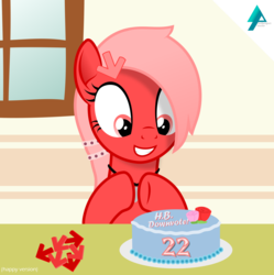 Size: 1871x1875 | Tagged: safe, artist:arifproject, oc, oc only, oc:downvote, pony, derpibooru, g4, birthday, birthday cake, birthday party, cake, derpibooru ponified, downvote, flower, food, grin, meta, party, ponified, smiling, solo, vector, wide eyes, window