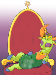 Size: 768x1024 | Tagged: safe, artist:mrleft, thorax, changedling, changeling, g4, accessory theft, changelings eating ponies, crown, digestion, fanfic art, fetish, gorbfest, implied death, implied princess cadance, implied princess celestia, implied princess luna, implied princess twilight, implied twilight sparkle, implied vore, jewelry, king thorax, lunaprey, male, post-vore, preydance, preylestia, preylight, regalia, solo, vore