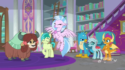 Size: 1920x1080 | Tagged: safe, screencap, gallus, ocellus, sandbar, silverstream, smolder, yona, changedling, changeling, classical hippogriff, dragon, earth pony, griffon, hippogriff, pony, yak, g4, school raze, book, bookshelf, clapping, cloven hooves, dragoness, eyes closed, female, flying, ladder, male, student six, teenager