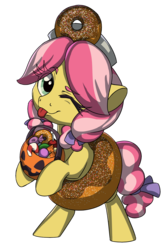 Size: 1140x1725 | Tagged: safe, artist:lockhe4rt, kettle corn, earth pony, pony, g4, background removed, clothes, costume, cute, donut, female, filly, food, halloween, hnnng, holiday, jack-o-lantern, one eye closed, pumpkin, pumpkin bucket, simple background, solo, tongue out, transparent background, wink