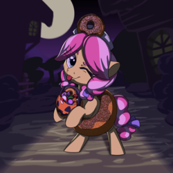 Size: 2000x2000 | Tagged: safe, artist:lockhe4rt, kettle corn, earth pony, pony, g4, candy, candy cane, clothes, costume, cute, donut, female, filly, food, full moon, halloween, halloween costume, high res, hnnng, holiday, jack-o-lantern, moon, one eye closed, pumpkin, pumpkin bucket, solo, tongue out, wink