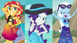Size: 3416x1920 | Tagged: safe, screencap, rarity, sunset shimmer, trixie, equestria girls, equestria girls specials, g4, my little pony equestria girls: better together, my little pony equestria girls: forgotten friendship, adorasexy, arm behind head, beach, beach babe, belly button, bikini, bikini babe, bikini top, bowtie, clothes, comparison, cropped, cute, diatrixes, eyes closed, female, geode of empathy, geode of shielding, hand on hip, happy, hat, magical geodes, midriff, pose, raribetes, sarong, sexy, shimmerbetes, shoulder bag, skirt, smiling, stomach, stupid sexy rarity, stupid sexy sunset shimmer, stupid sexy trixie, sultry pose, sun hat, sunglasses, sunset selfie, swimsuit, trio, trio female