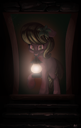 Size: 1112x1761 | Tagged: safe, artist:tentinythimbles, lily, lily valley, pony, g4, dark, doorway, fanfic art, female, lantern, solo, story included