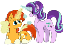 Size: 800x602 | Tagged: safe, artist:flamirasplitz, starlight glimmer, sunburst, pony, unicorn, g4, cup, female, glowing horn, horn, male, mare, prone, quill, scroll, ship:starburst, shipping, simple background, stallion, straight, talking, teacup, transparent background