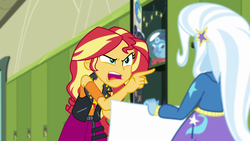 Size: 1920x1080 | Tagged: safe, screencap, sunset shimmer, trixie, equestria girls, equestria girls specials, g4, my little pony equestria girls: better together, my little pony equestria girls: forgotten friendship, angry, pointing