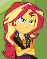Size: 721x912 | Tagged: safe, screencap, sunset shimmer, equestria girls, equestria girls specials, g4, my little pony equestria girls: better together, my little pony equestria girls: forgotten friendship, cropped, crossed arms, female, geode of empathy, magical geodes, raised eyebrow, solo