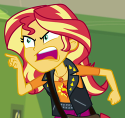 Size: 726x684 | Tagged: safe, screencap, sunset shimmer, equestria girls, equestria girls specials, g4, my little pony equestria girls: better together, my little pony equestria girls: forgotten friendship, angry, arms, bust, canterlot high, clothes, cropped, eyelashes, female, finger, frown, geode of empathy, hallway, hand, leather, leather vest, lockers, long hair, magical geodes, open frown, open mouth, pointing, school, shoulderless, shrunken pupils, skirt, solo, standing, teenager, teeth, top, vest, yelling