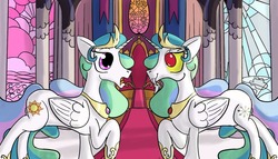 Size: 1280x731 | Tagged: safe, artist:sixes&sevens, discord, princess celestia, alicorn, pony, g4, doppelganger, hoof shoes, inktober, inktober 2018, raised hoof, stained glass, surprised, throne, transformation
