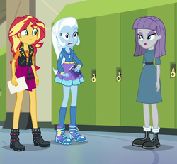 Size: 1040x960 | Tagged: safe, screencap, maud pie, sunset shimmer, trixie, equestria girls, equestria girls specials, g4, my little pony equestria girls: better together, my little pony equestria girls: forgotten friendship, boots, canterlot high, clothes, cropped, hallway, high heels, hoodie, kneesocks, leather vest, lockers, shoes, skirt, socks