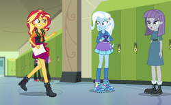 Size: 1540x950 | Tagged: safe, screencap, maud pie, nolan north, sunset shimmer, trixie, equestria girls, equestria girls specials, g4, my little pony equestria girls: better together, my little pony equestria girls: forgotten friendship, canterlot high, cropped, door, hallway, lockers, notebook