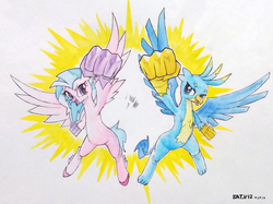 Size: 2000x1496 | Tagged: safe, artist:satv12, gallus, silverstream, classical hippogriff, griffon, hippogriff, g4, claw, colored hooves, female, fist, male, missing accessory, quadrupedal, ship:gallstream, shipping, smiling, smirk, straight, traditional art, watercolor painting